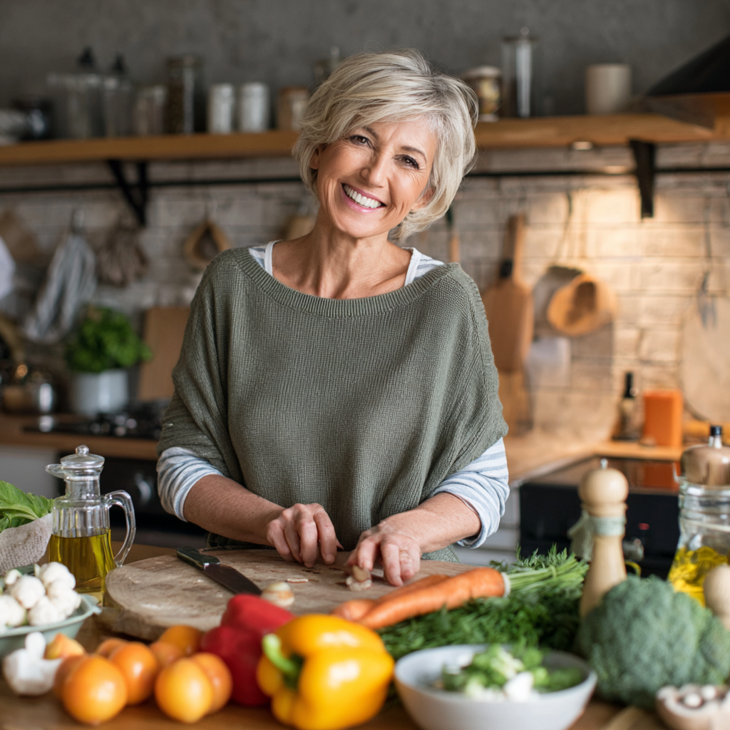 Жінка 52 роки на кухні готує здорову страву за персональним рецептом від wholterisk, усміхається та демонструє результати