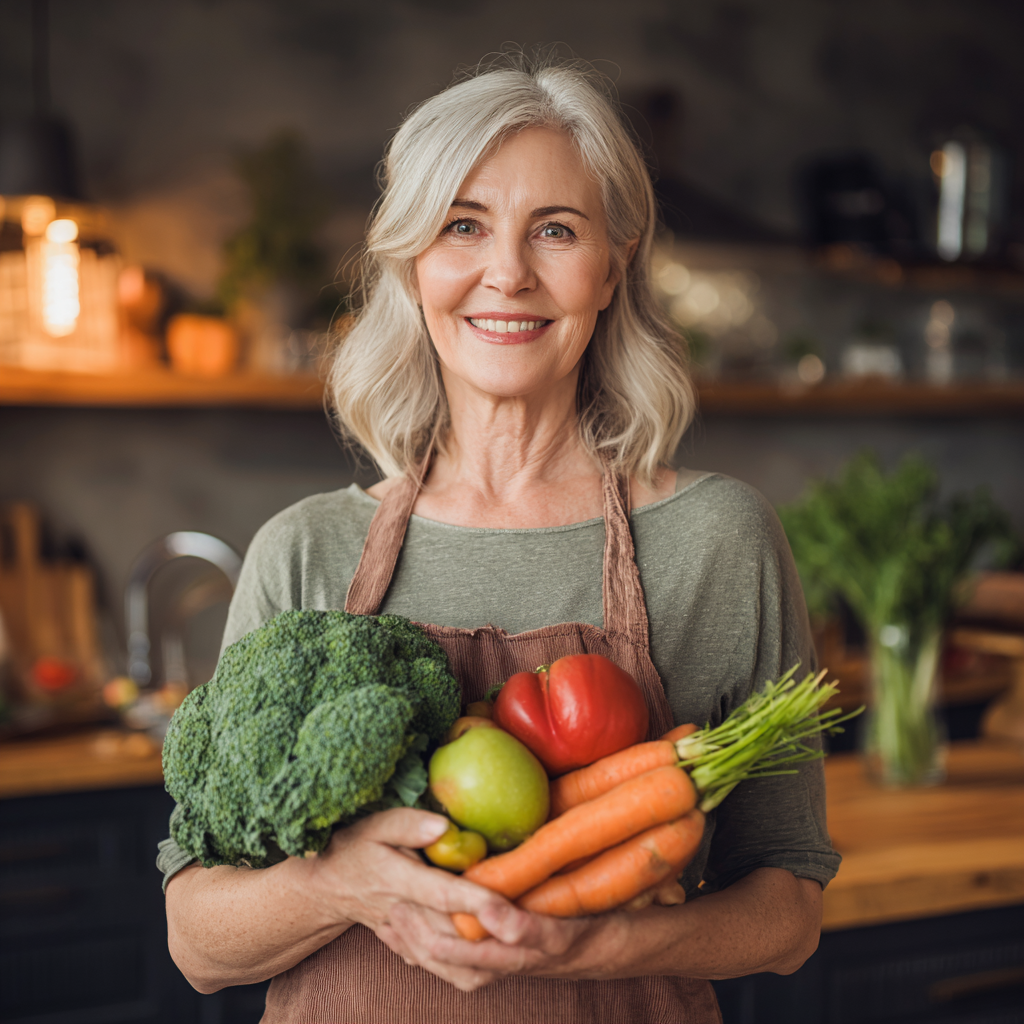 Жінка 55 років з усмішкою готує здорову їжу на кухні, тримає в руках свіжі овочі та фрукти