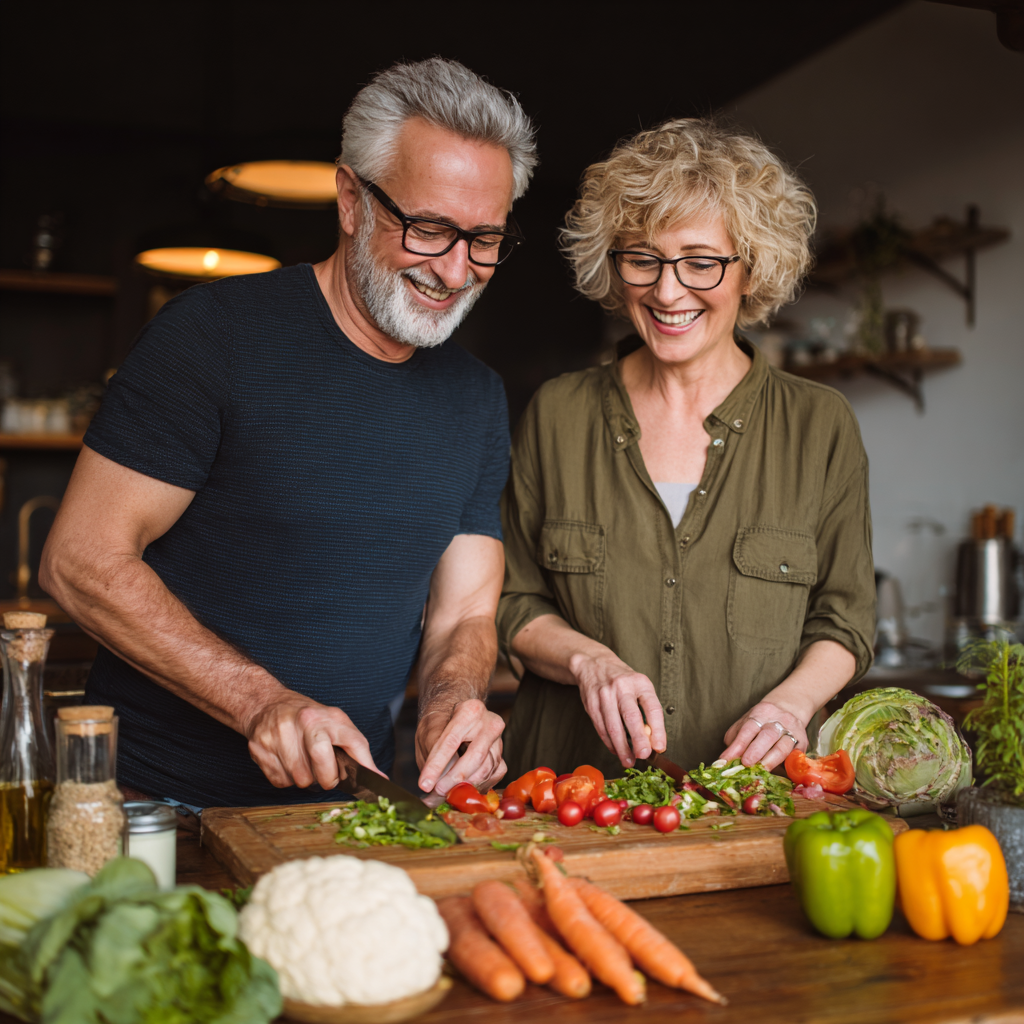 Пара людей 54 та 56 років разом готує здорову їжу, радіючи результатам персонального планування харчування від wholterisk